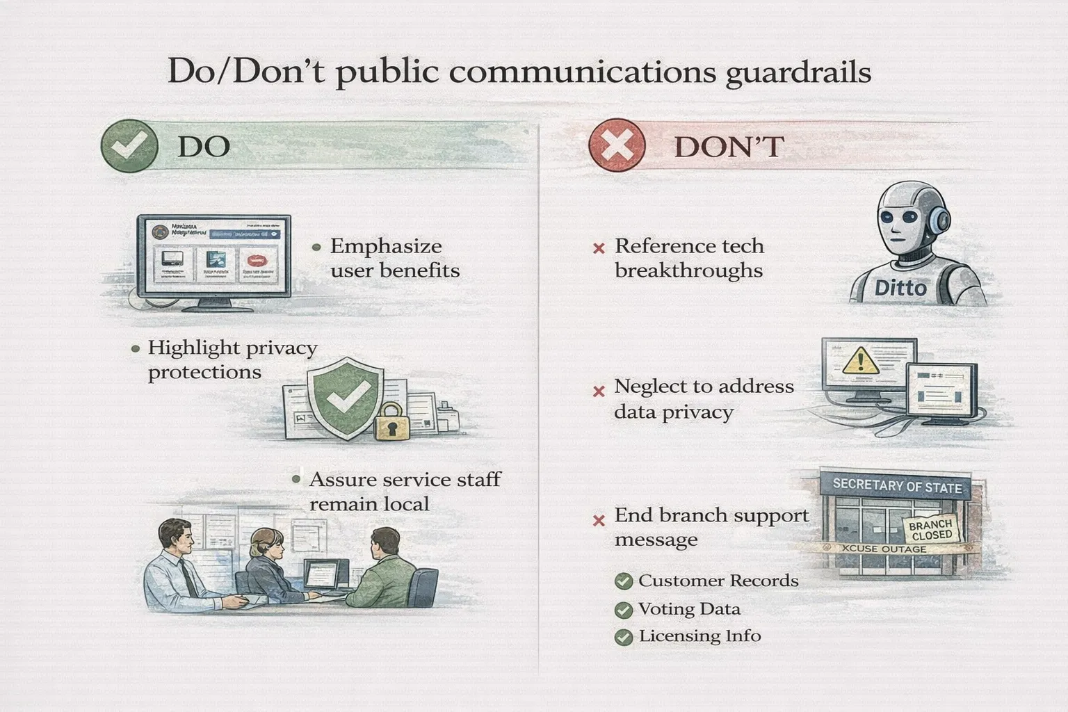 Do/Don't public communications guardrails for modernization and privacy.